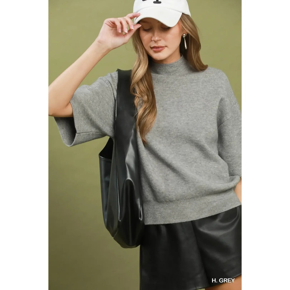 Umgee Mock Neck Short Sleeve Knit Sweater Top - H. Grey - Small